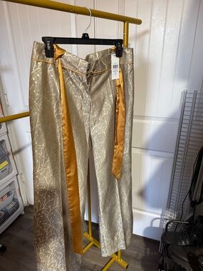 Metallic Gold Brocade Pants with Satin Trim
